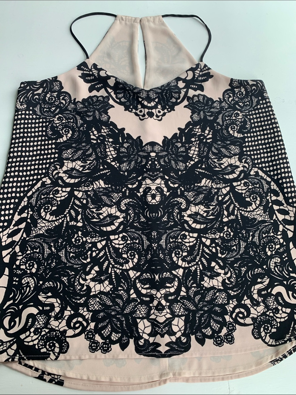 Crepe Halter Lace-Print Tank Top Black & Beige Size Small